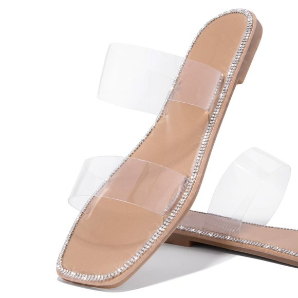 NEW Clear Sparkly Rhinestone Embellished Double Straps Slip On Slides Sandals - Picture 4 of 15